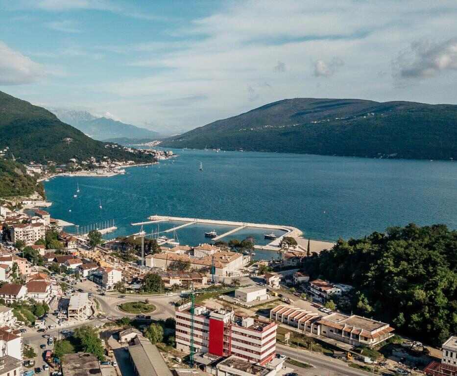 Aerial view of Herceg Novi, its marina and the Bay of Kotor